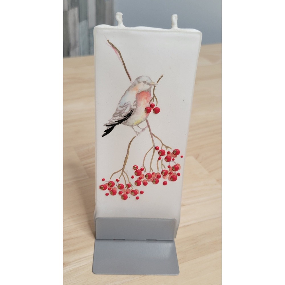 Flatyz Flat Candle White Bird Red Berries Hand Painted Double Wick Stand